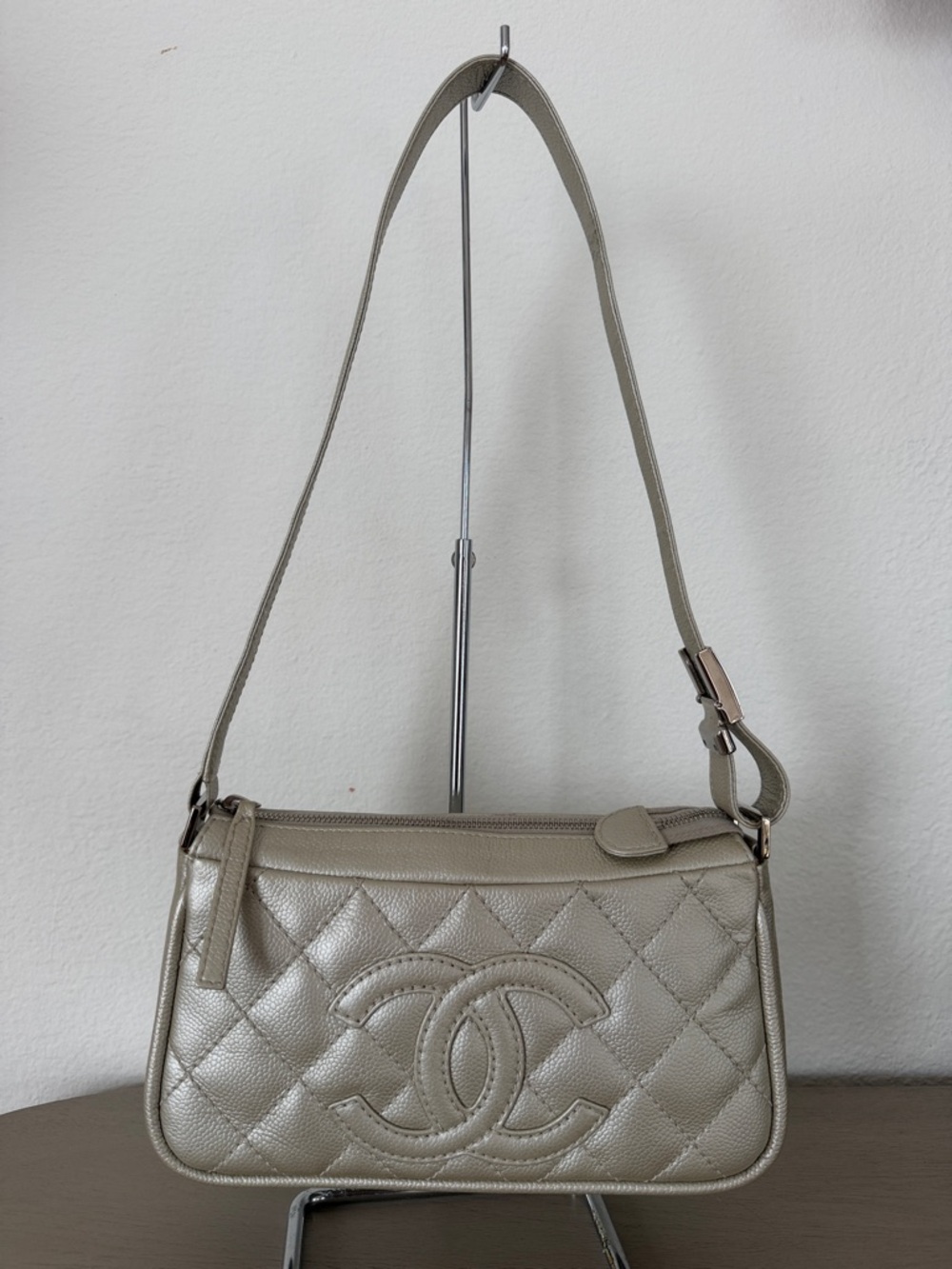 CHANEL Quilted Shoulder Bag in Metallic Taupe
